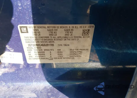 2016 GMC Sierra 1500 Slt z USA, uszkodzony, nr VIN 3GTU2NEC4GG281785